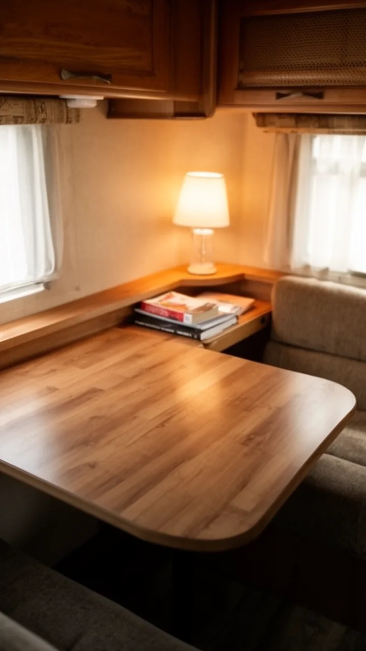 Warm slim wood console table behind a camper sofa holding a lamp and books