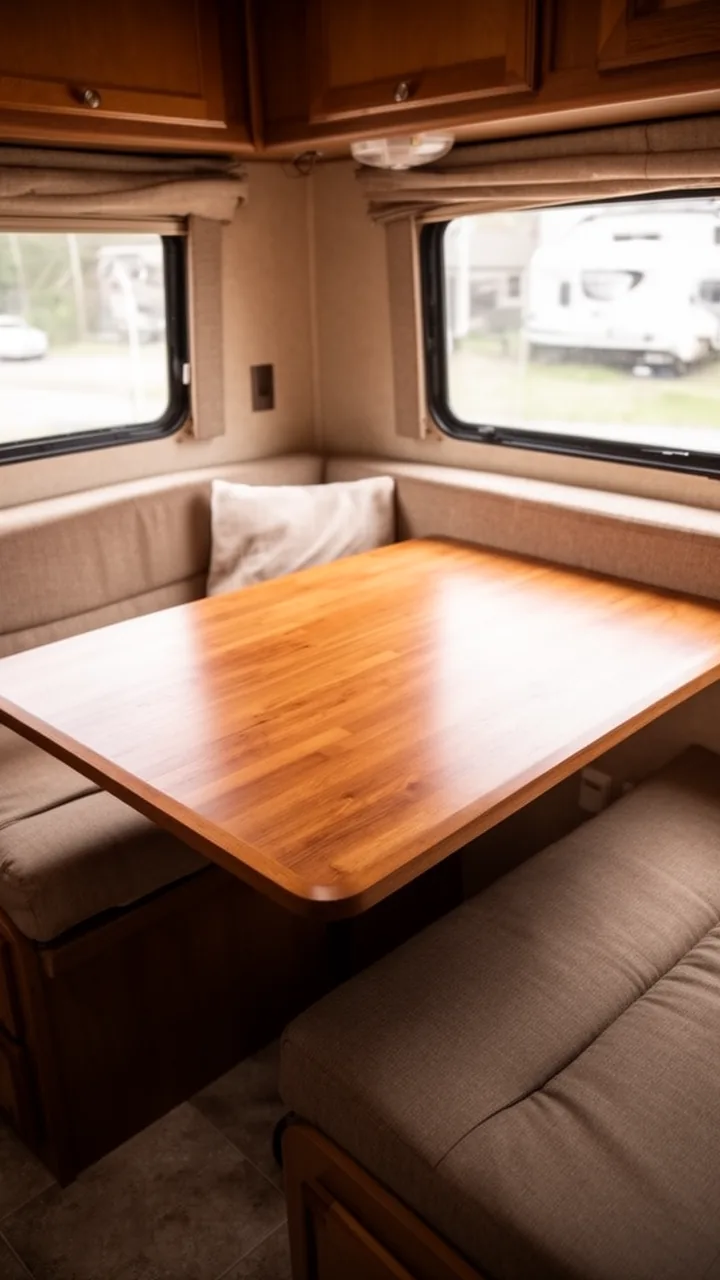 Warm wood replacement RV dinette table top freshening up an existing camper base