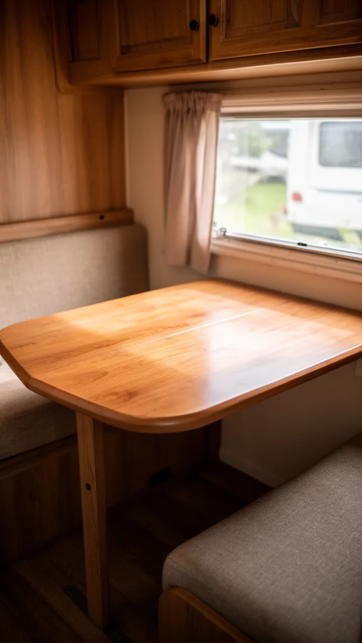 Warm wood camper table with softly rounded corners easing a narrow walkway