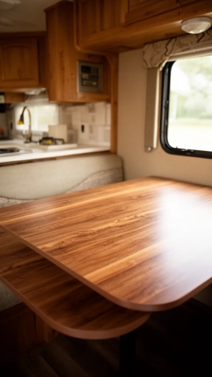 Warm wood-look laminate-wrapped camper table top with a smooth, wipeable surface