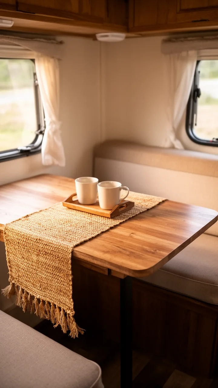 Warm woven runner and a small tray styling a cozy finished camper table