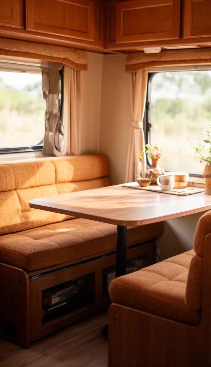 Camper booth dinette with warm cushions and storage under the benches