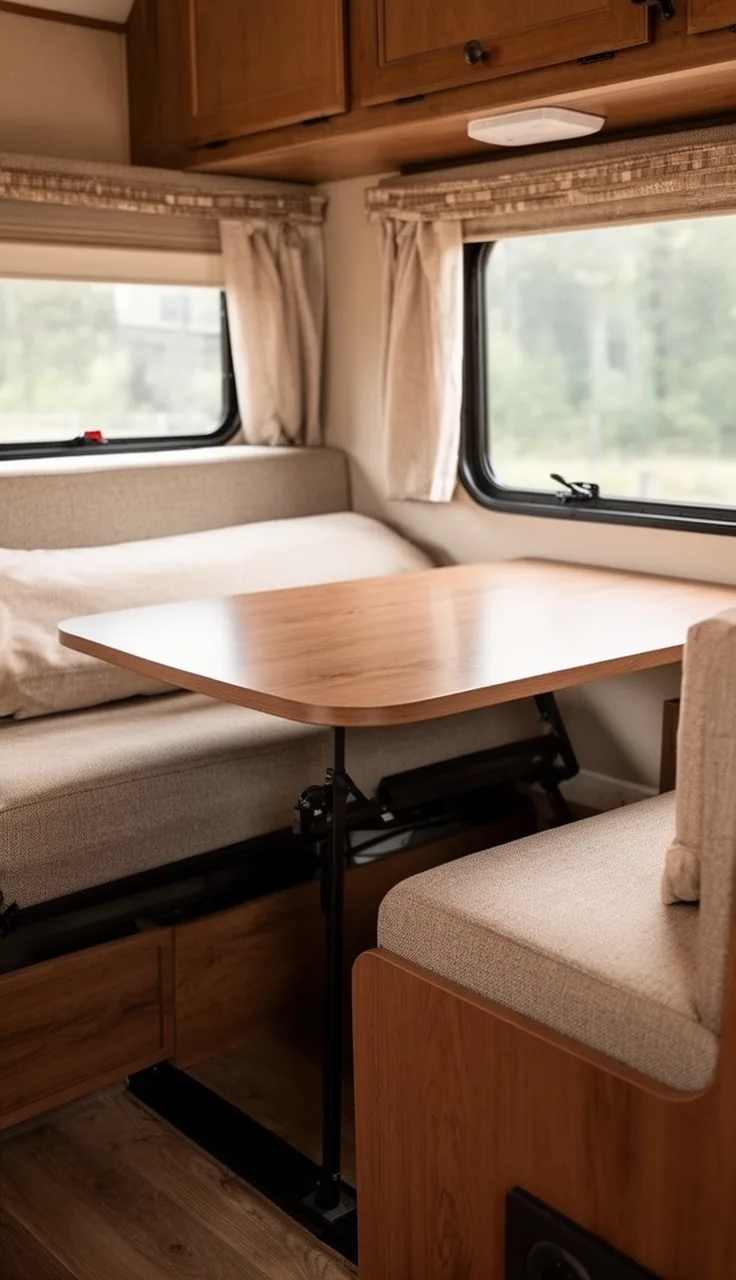 Convertible dinette table lowered between the benches to form a bed