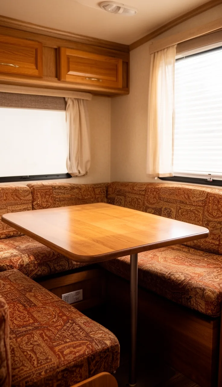 U-shaped camper dinette with warm patterned cushions around a wood table