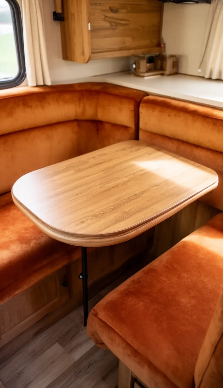 Freshly reupholstered warm-toned dinette cushions around a wood camper table