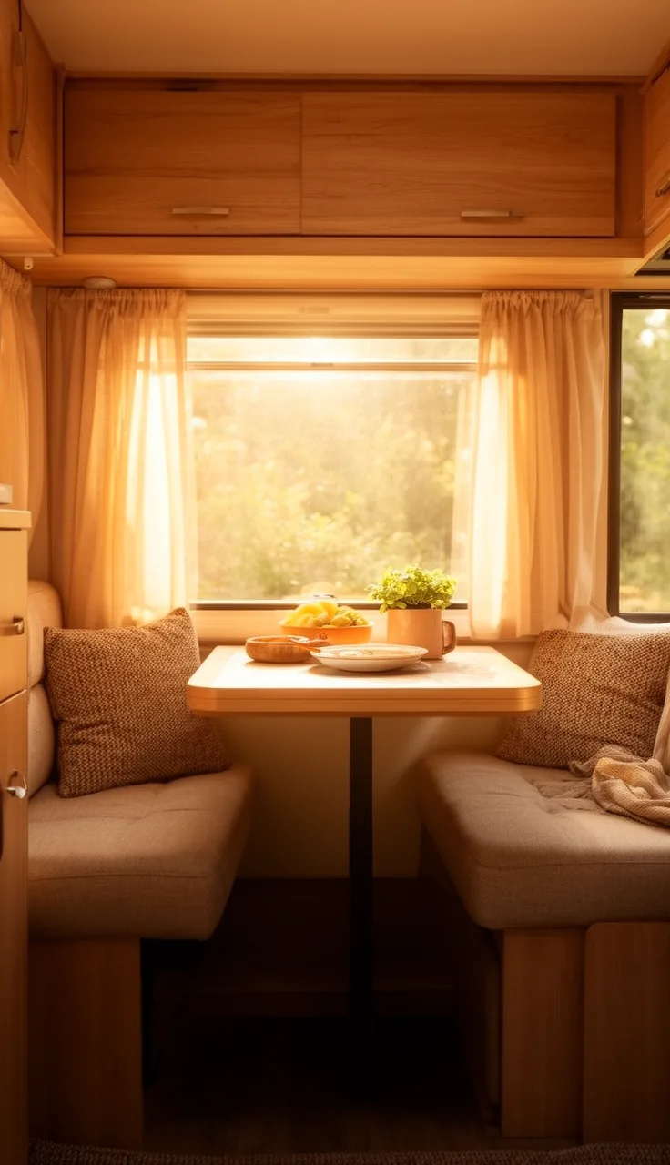 Compact two-person camper dinette by a sunny window