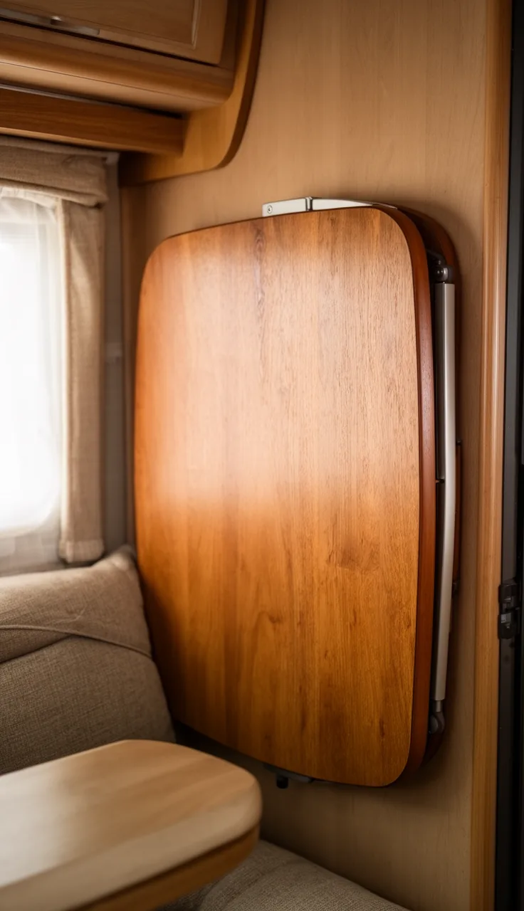 Folding camper table with a warm wood top folded flat against the wall
