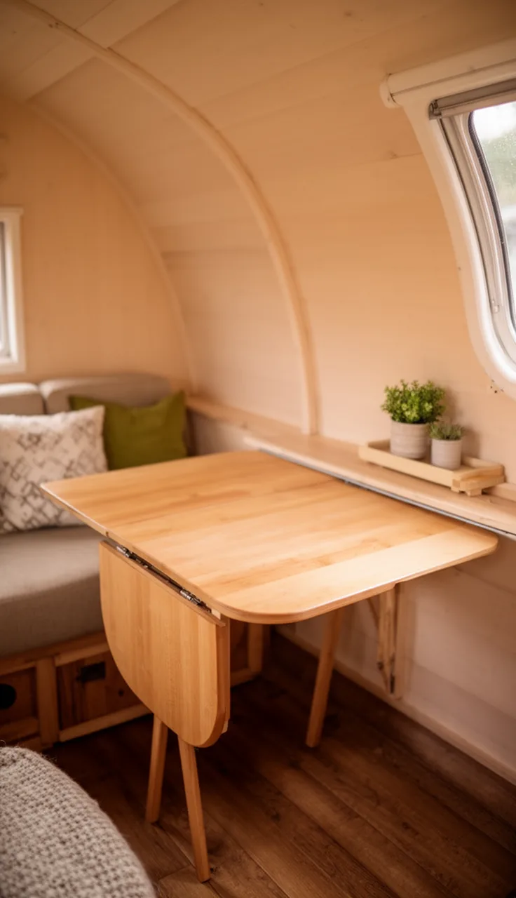 Wall-mounted drop-leaf table folded down in a tiny teardrop camper