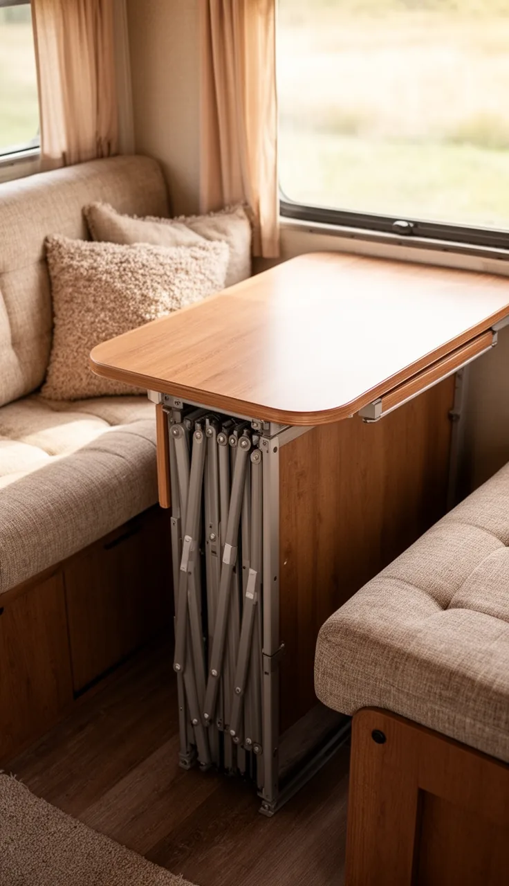 Collapsible RV table with folding legs tucked behind a cozy camper sofa
