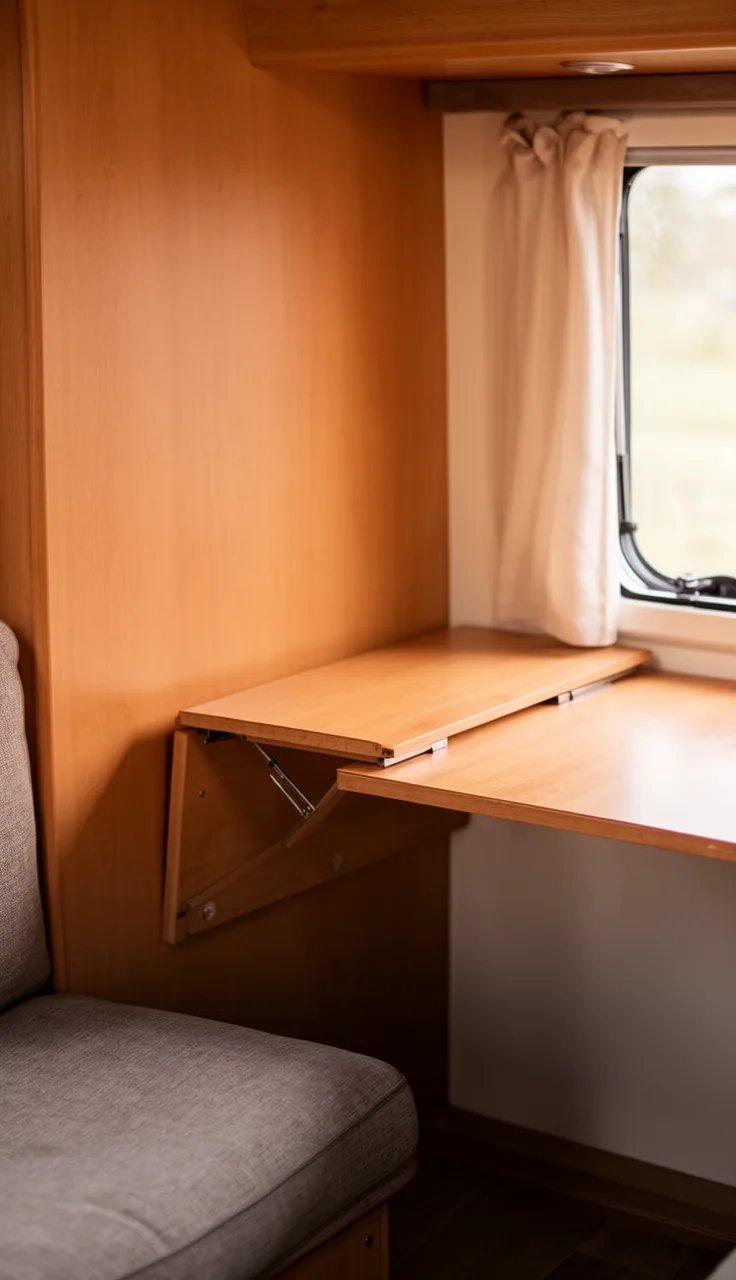 Fold-down bar-height counter table along a warm-toned camper wall
