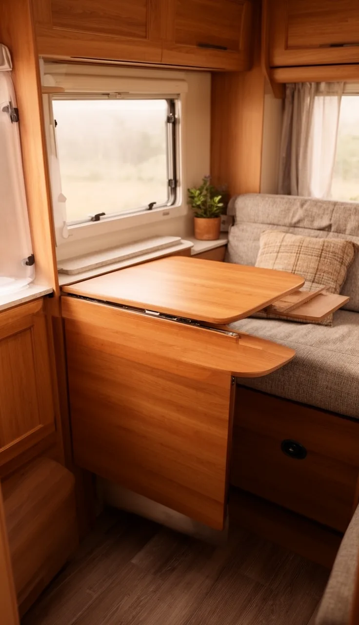 Warm wood fold-away table swung flush in a compact camper walkway