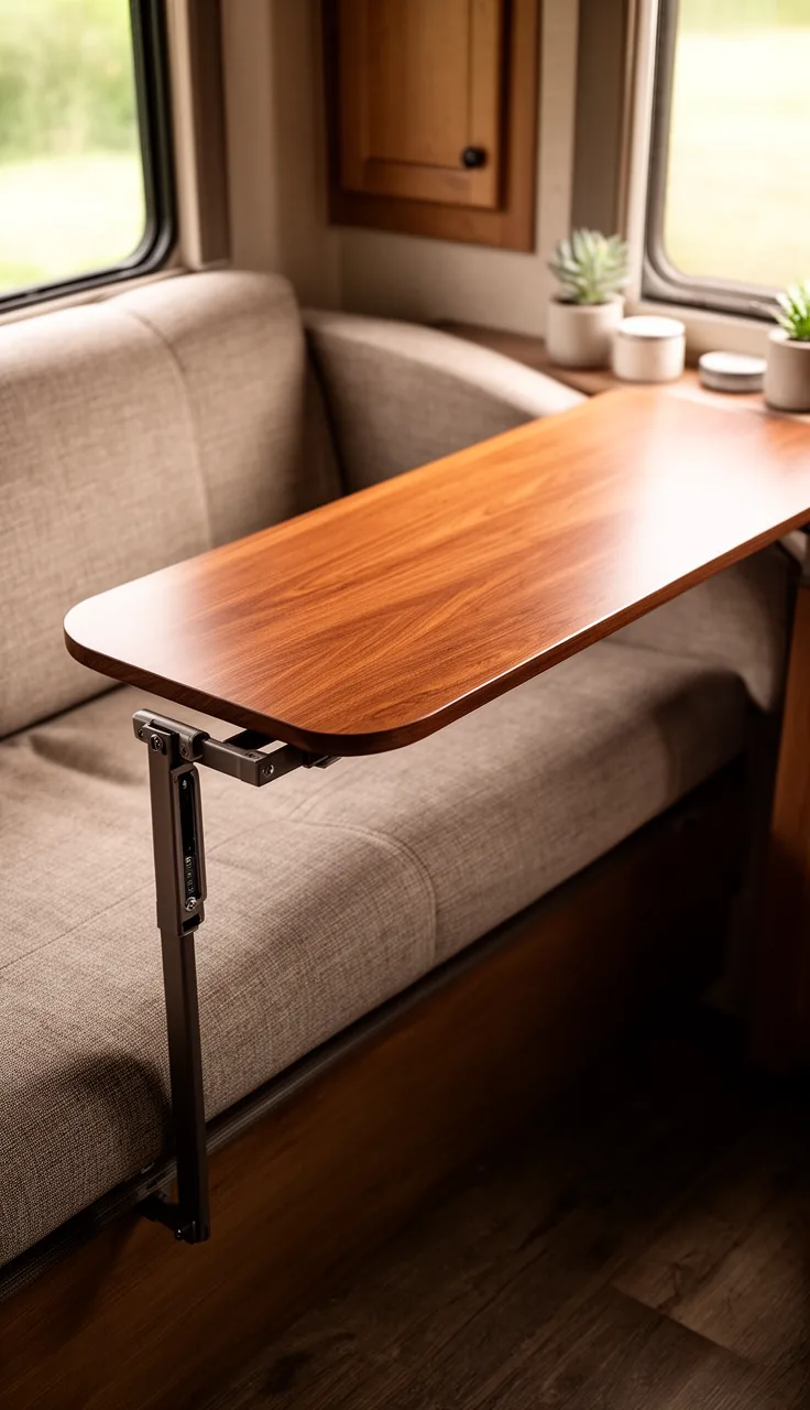 Lagun swing-arm mounted camper table with a warm wood top by the sofa