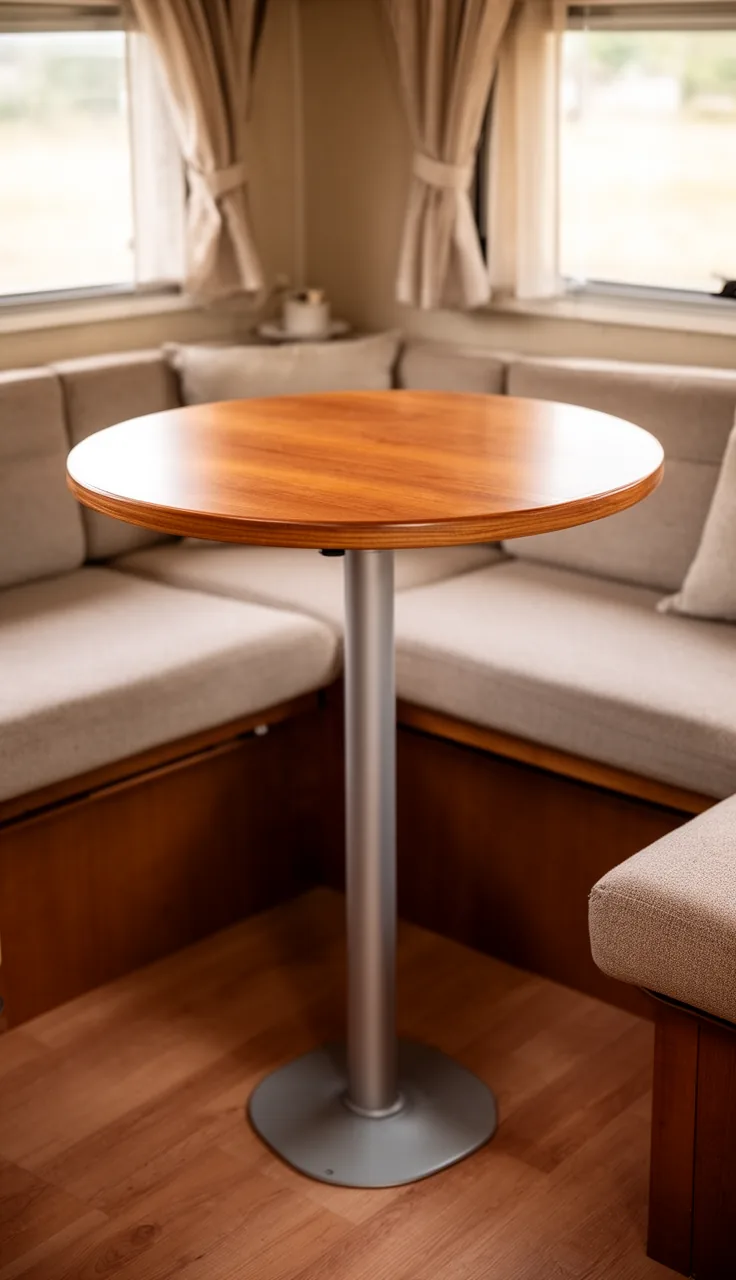 Single-post pedestal camper table with a warm round wood top