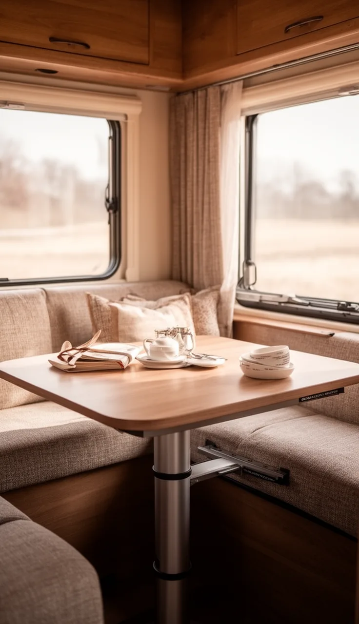 Swivel camper table rotating on a post between the sofa and window