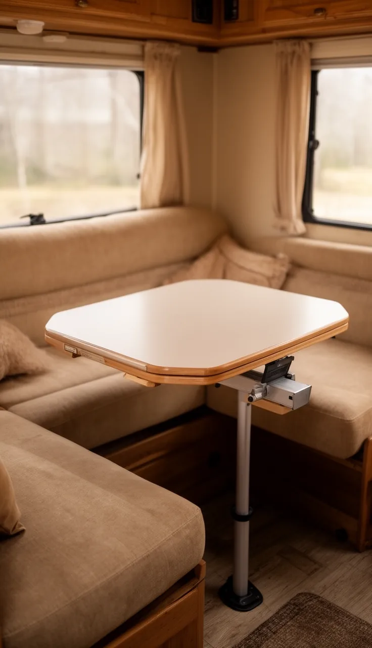 Snap-in removable camper table top resting on a low base