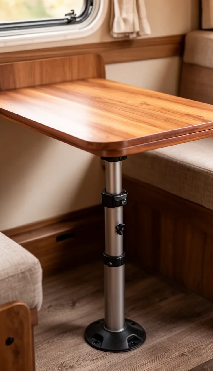 Quick-release pedestal leg on a warm wood camper table