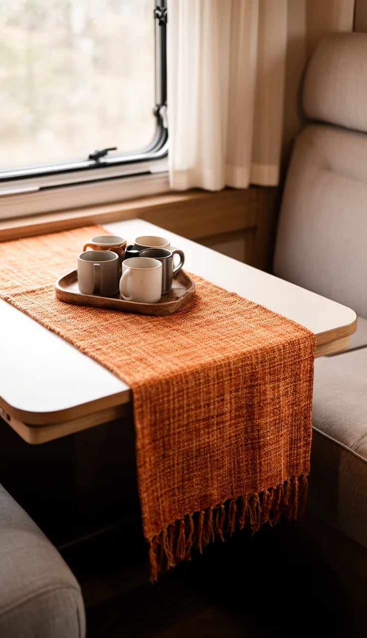 Styled camper table with a warm woven runner and a small tray of mugs