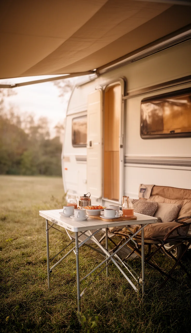 Outdoor folding camp table under a camper awning set for coffee