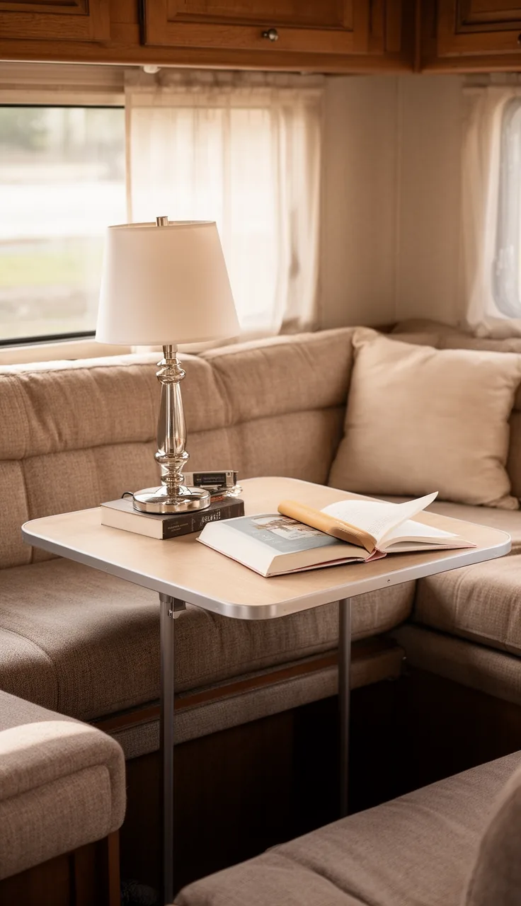 Slim console table behind a camper sofa with a lamp and books