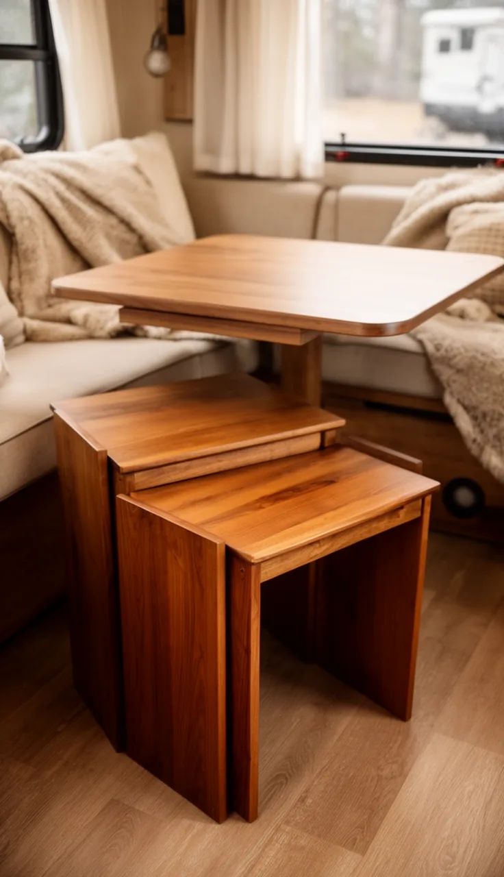 Two warm wood nesting side tables in a cozy camper living area