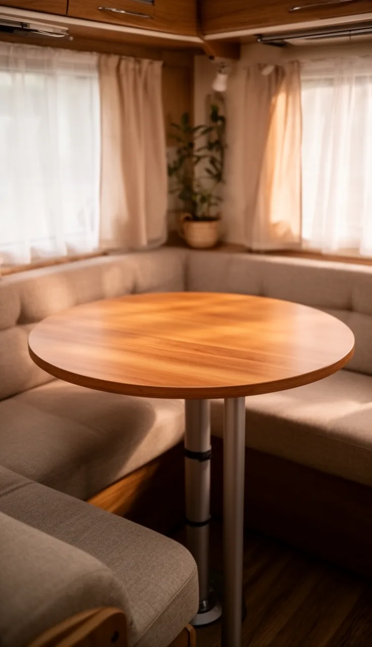 Compact round bistro table for two with a warm wood top in a camper