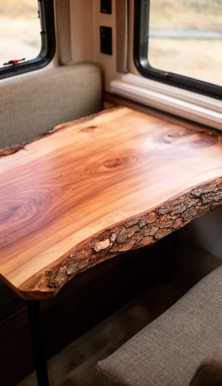 Live-edge wood slab camper table top with a natural bark edge