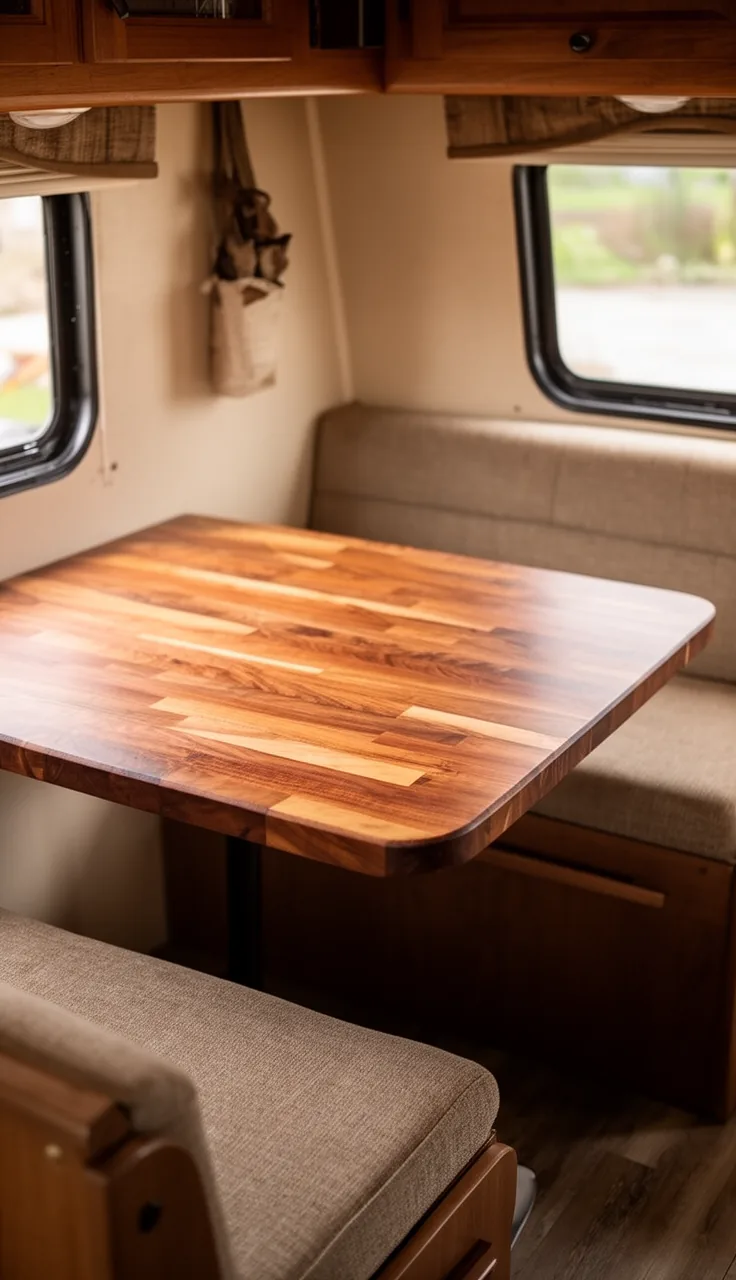 Butcher block RV kitchen table with a warm, thick wood top