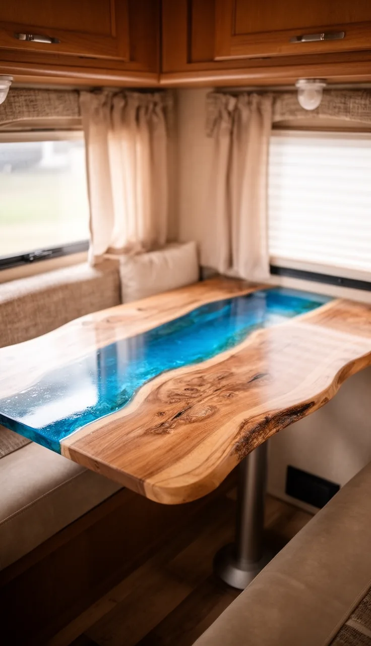 DIY epoxy river table with a blue resin center in a camper