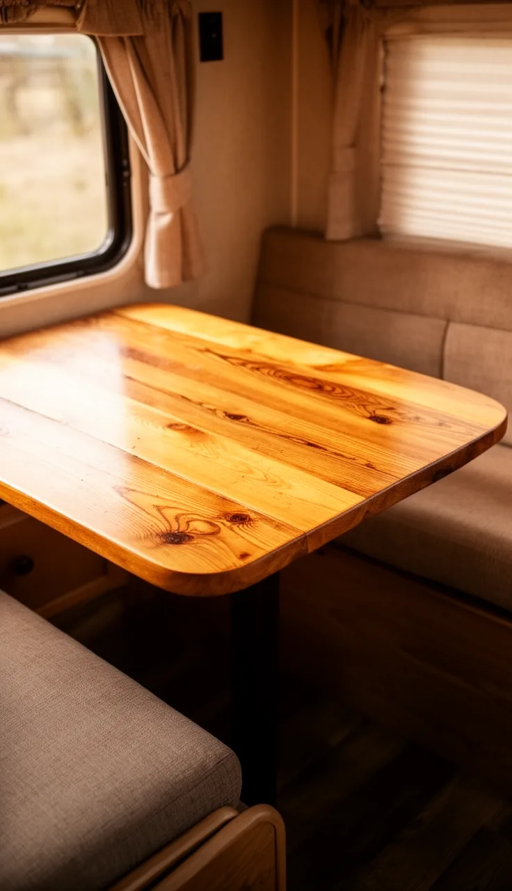 Warm honey wide-plank wood table top in a cozy camper nook