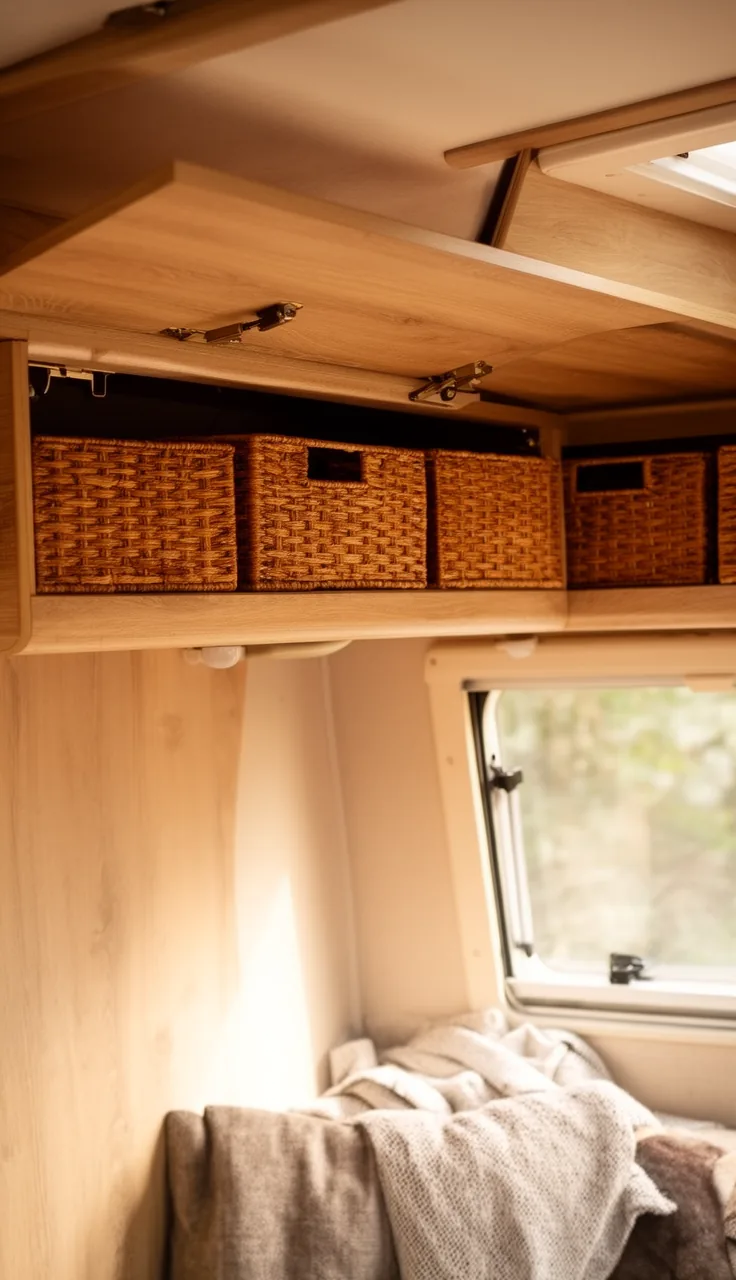 Warm woven bins lined up inside an open camper overhead cabinet, neatly organized