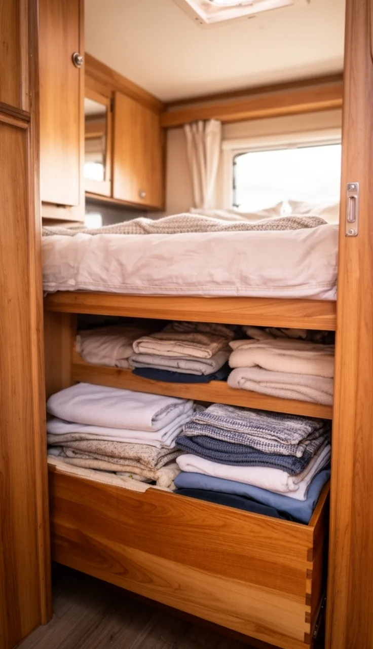 Camper bed lifted to reveal warm wood under-bed drawers holding folded linens