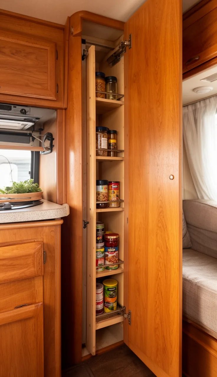 Narrow slide-out pantry pulled open between two warm wood camper cabinets