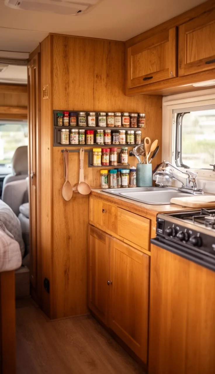 Magnetic strip on a warm camper kitchen wall holding spice tins and small utensils