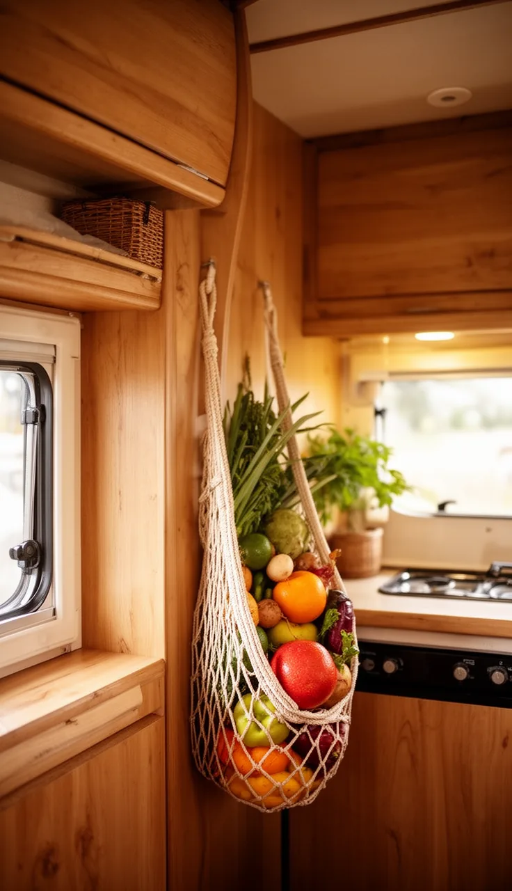 Woven hanging produce hammock in a camper corner holding fresh fruit and vegetables