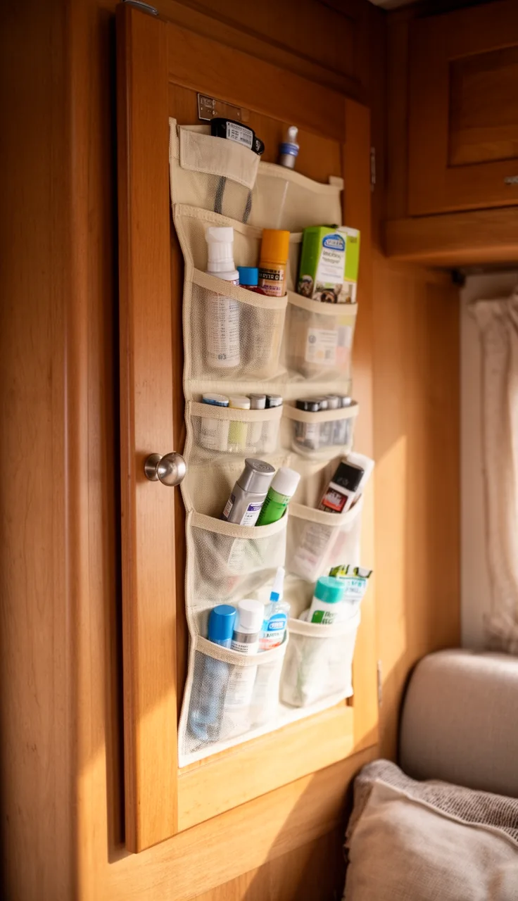 Over-the-door fabric pocket organizer inside a camper cabinet door holding small supplies