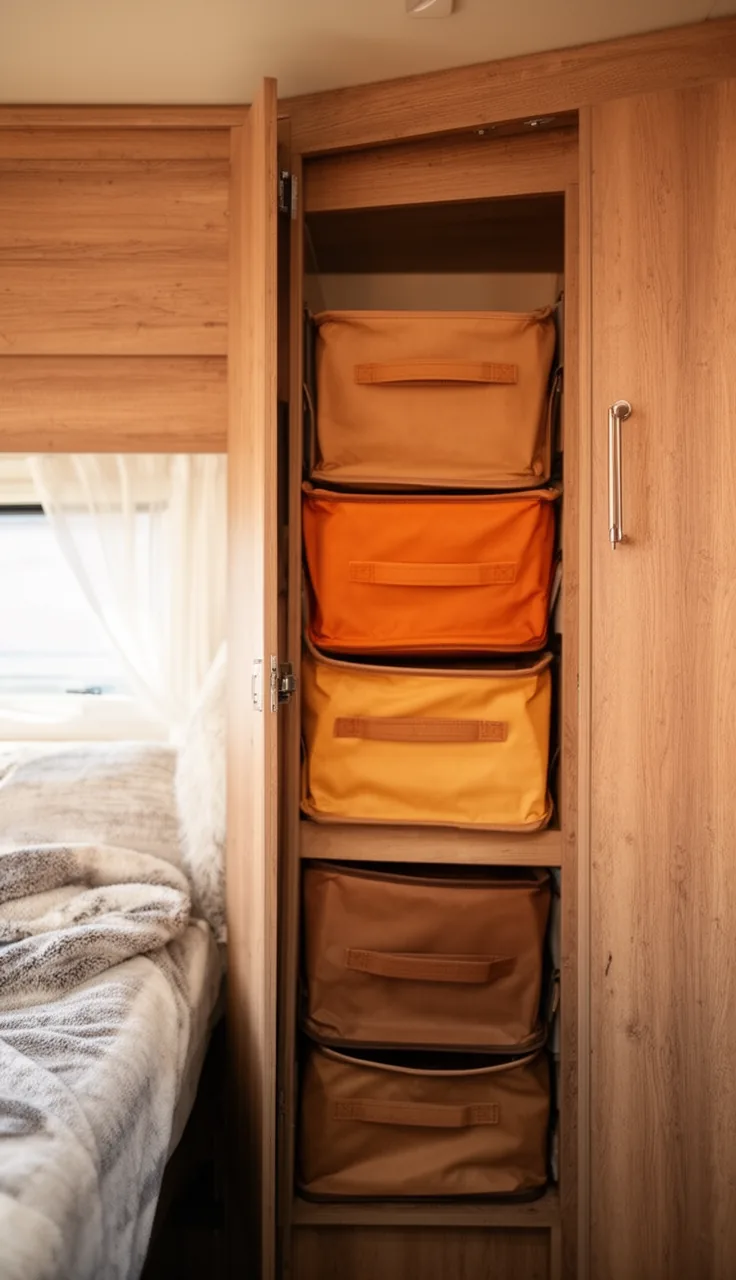 Stack of warm-toned collapsible fabric storage bins inside a camper cabinet