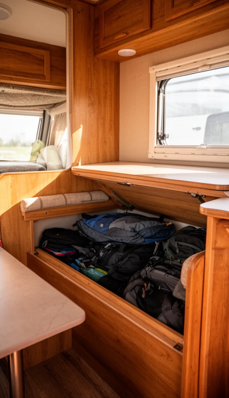 Camper dinette bench seat lifted to reveal storage packed neatly with gear below