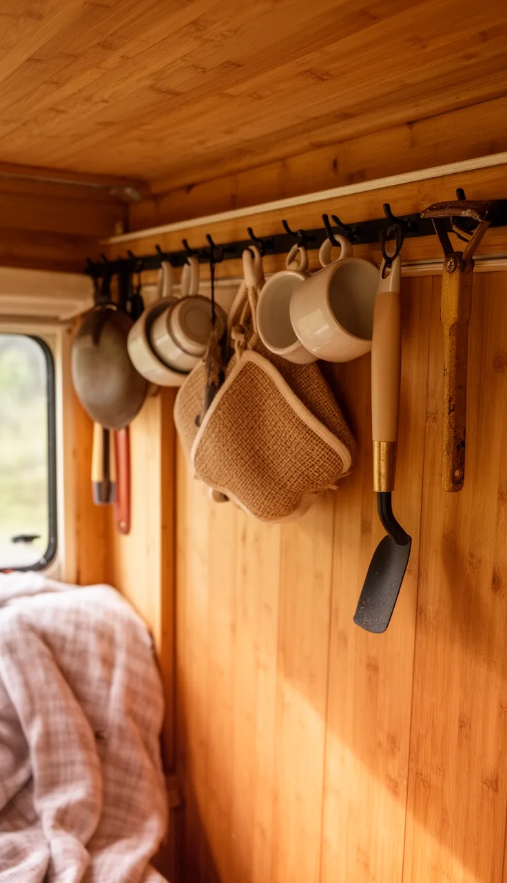 Camper wall rail with hooks holding mugs, bags, and small tools against warm paneling