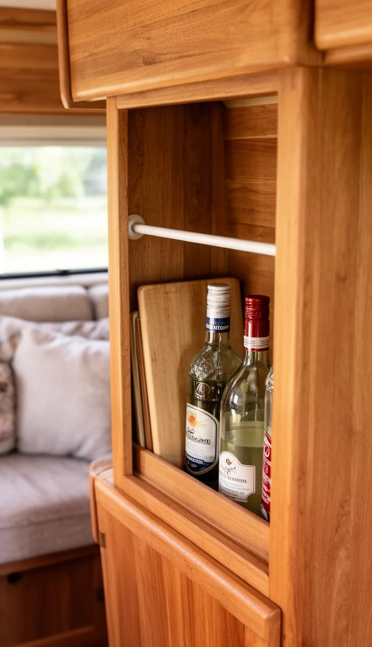 Small tension rod inside a warm camper cabinet holding bottles and boards upright
