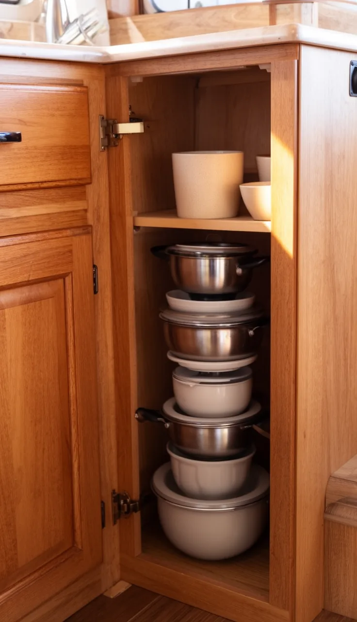 Set of nesting pots, bowls, and cups stacked compactly inside a warm camper cabinet