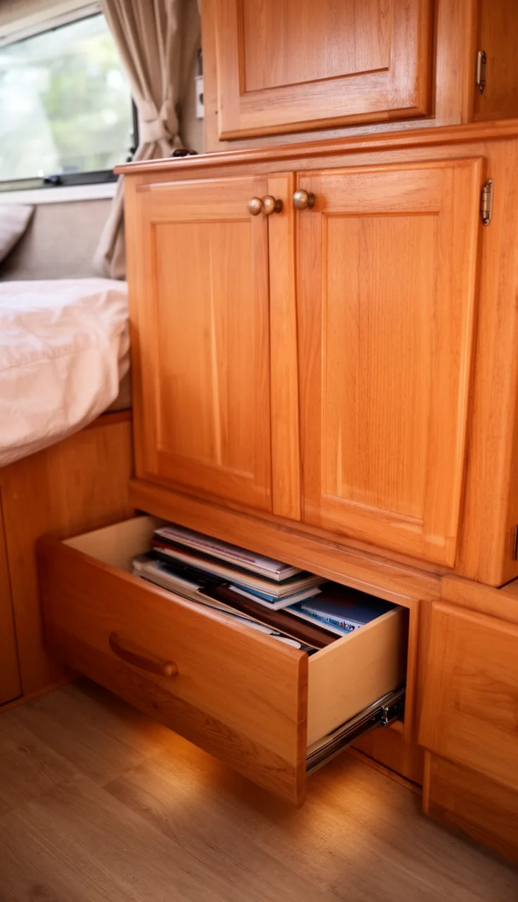 Shallow toe-kick drawer pulled open at the base of a warm wood camper cabinet