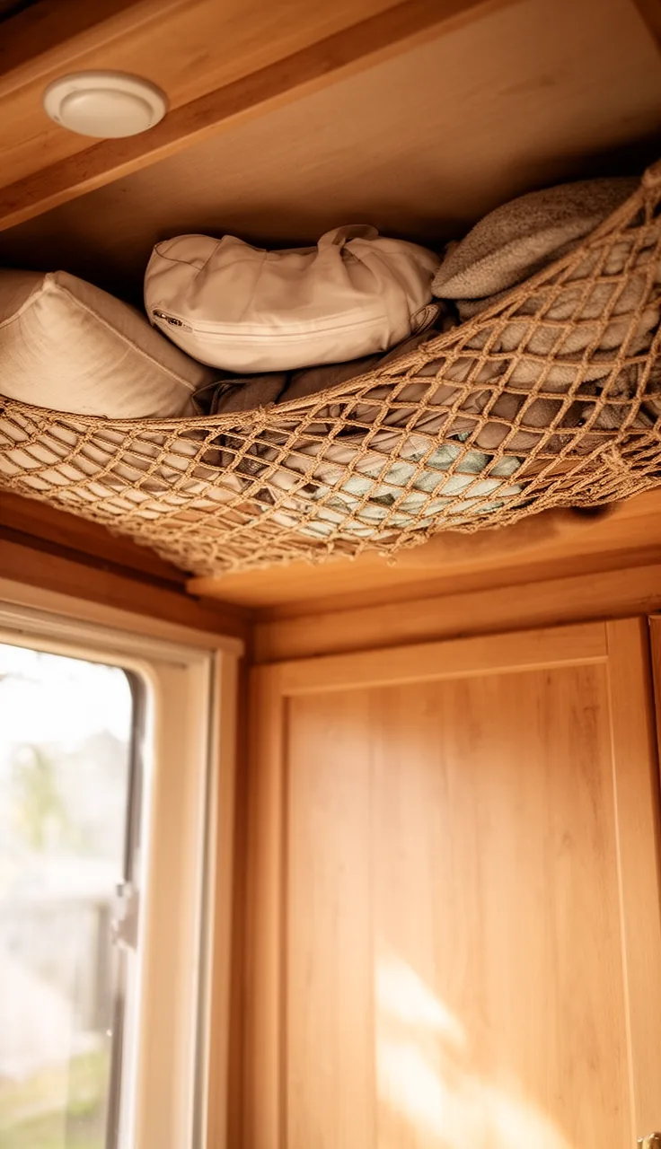 Cargo net stretched across a warm camper ceiling holding pillows and soft bags