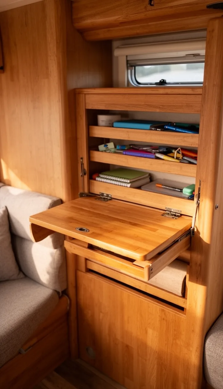 Fold-down wall desk in a camper open to reveal cubbies holding notebooks and supplies