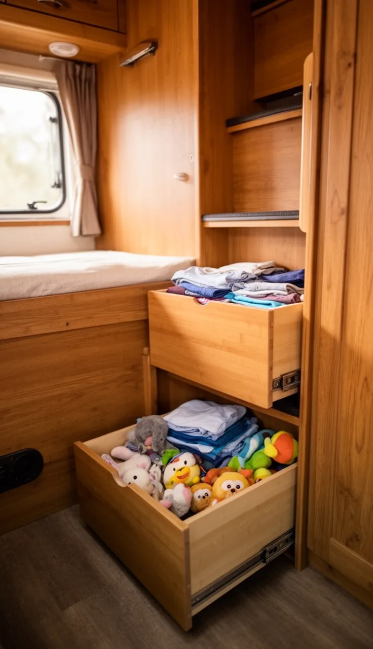 Camper bunk stairs with built-in drawers pulled open holding folded clothes and toys
