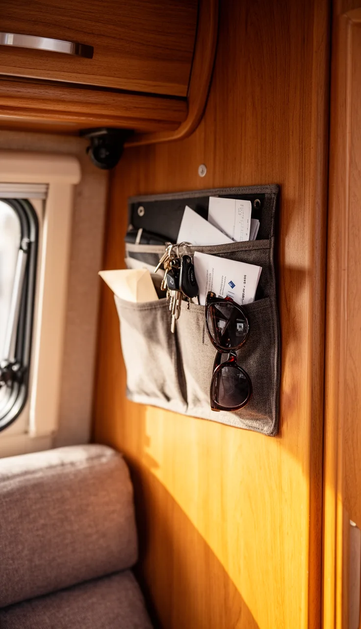 Small camper wall organizer with pockets holding keys, mail, and sunglasses