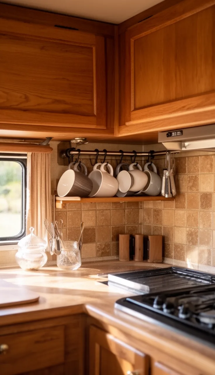 Camper kitchen backsplash rail with hanging cups, mugs, and utensils over a warm galley