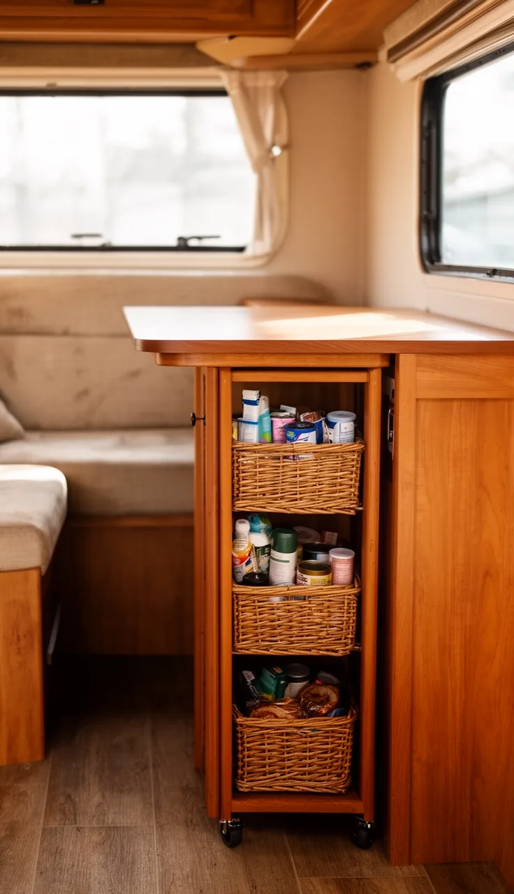 Slim rolling storage cart tucked under a camper dinette table holding baskets of supplies