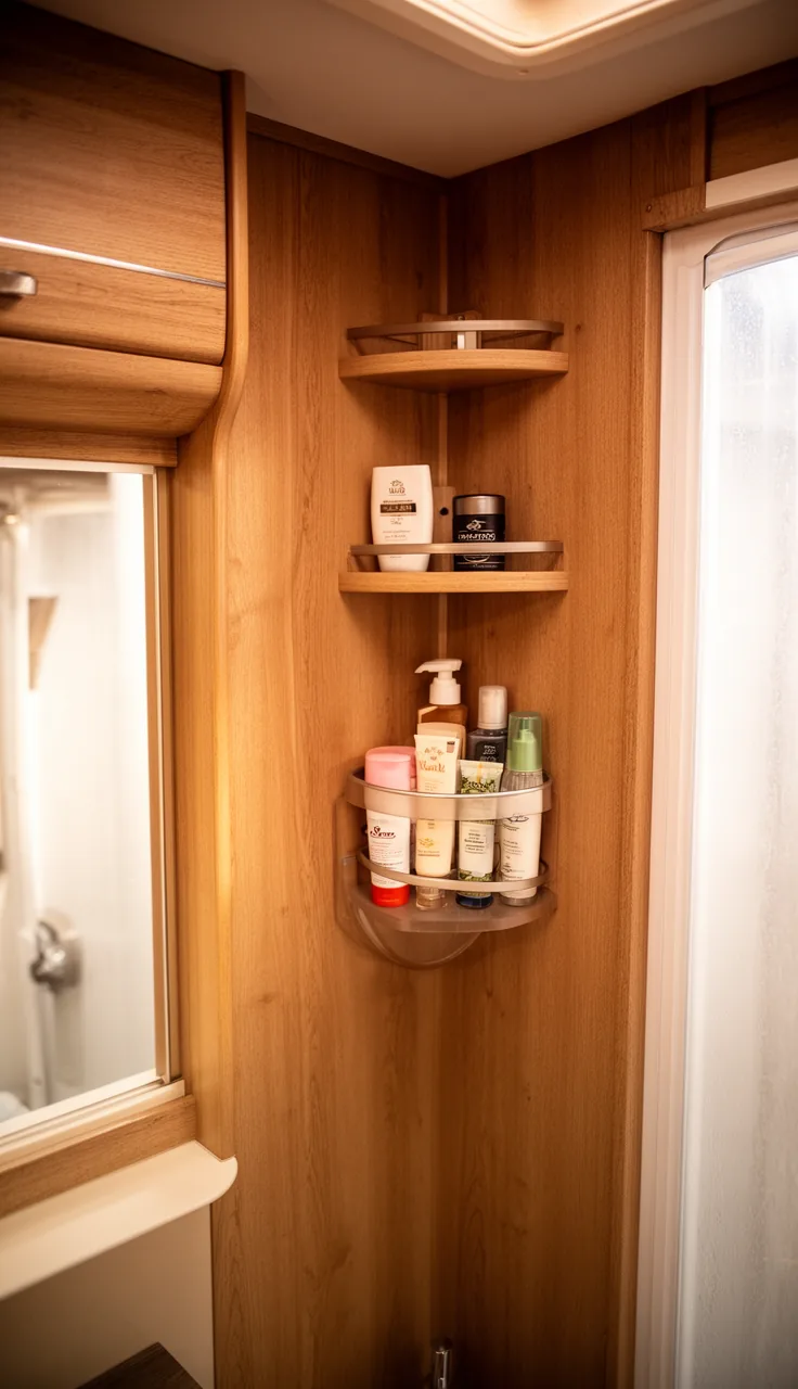 Small camper bathroom with corner shelves and a hanging caddy holding toiletries