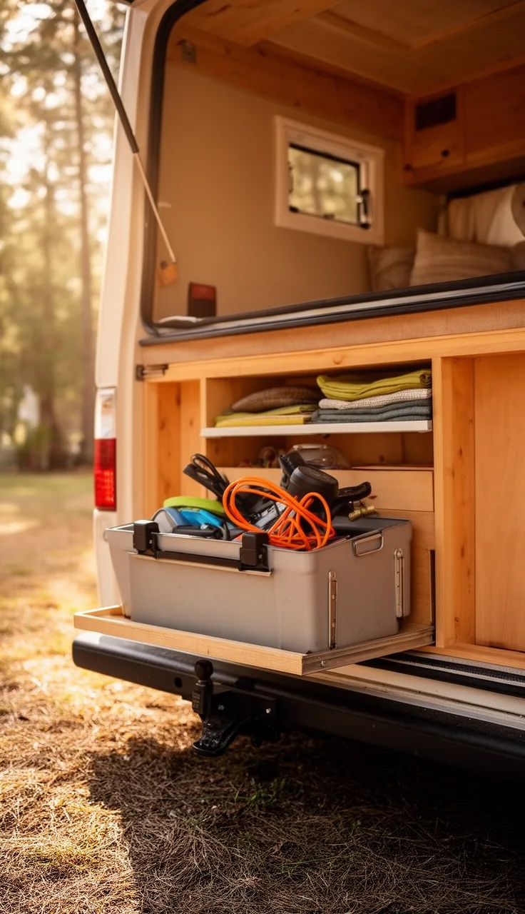 Camper rear bumper with a mounted storage box holding outdoor gear at a campsite