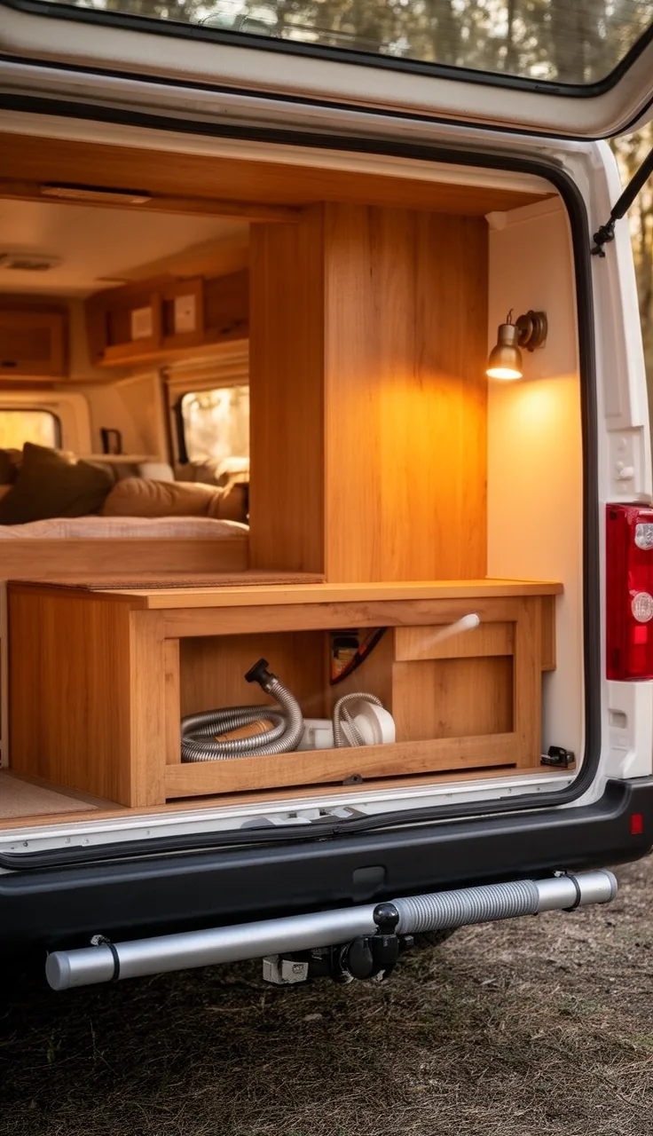 Camper rear bumper with a capped tube used for tidy sewer hose storage